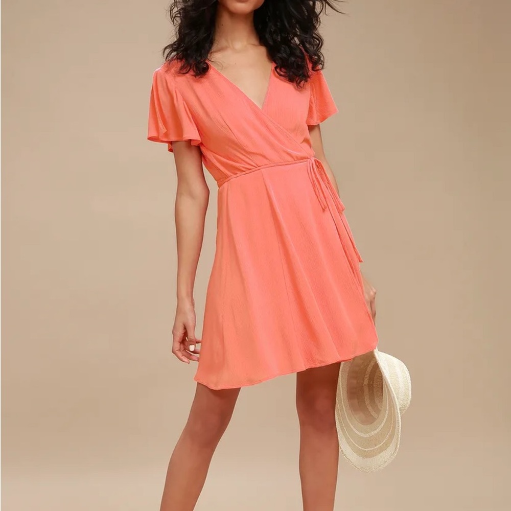 Lulus Harbor Point Coral Wrap Midi Dress